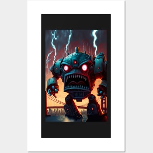 Alien Monster giant robot cyborg attacking the city Posters and Art